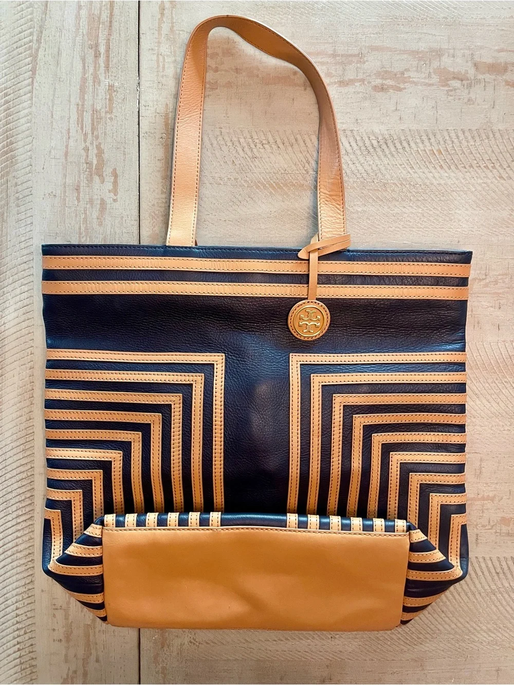 Tory Burch Navy and Tan Geometric Stripe Leather Tote